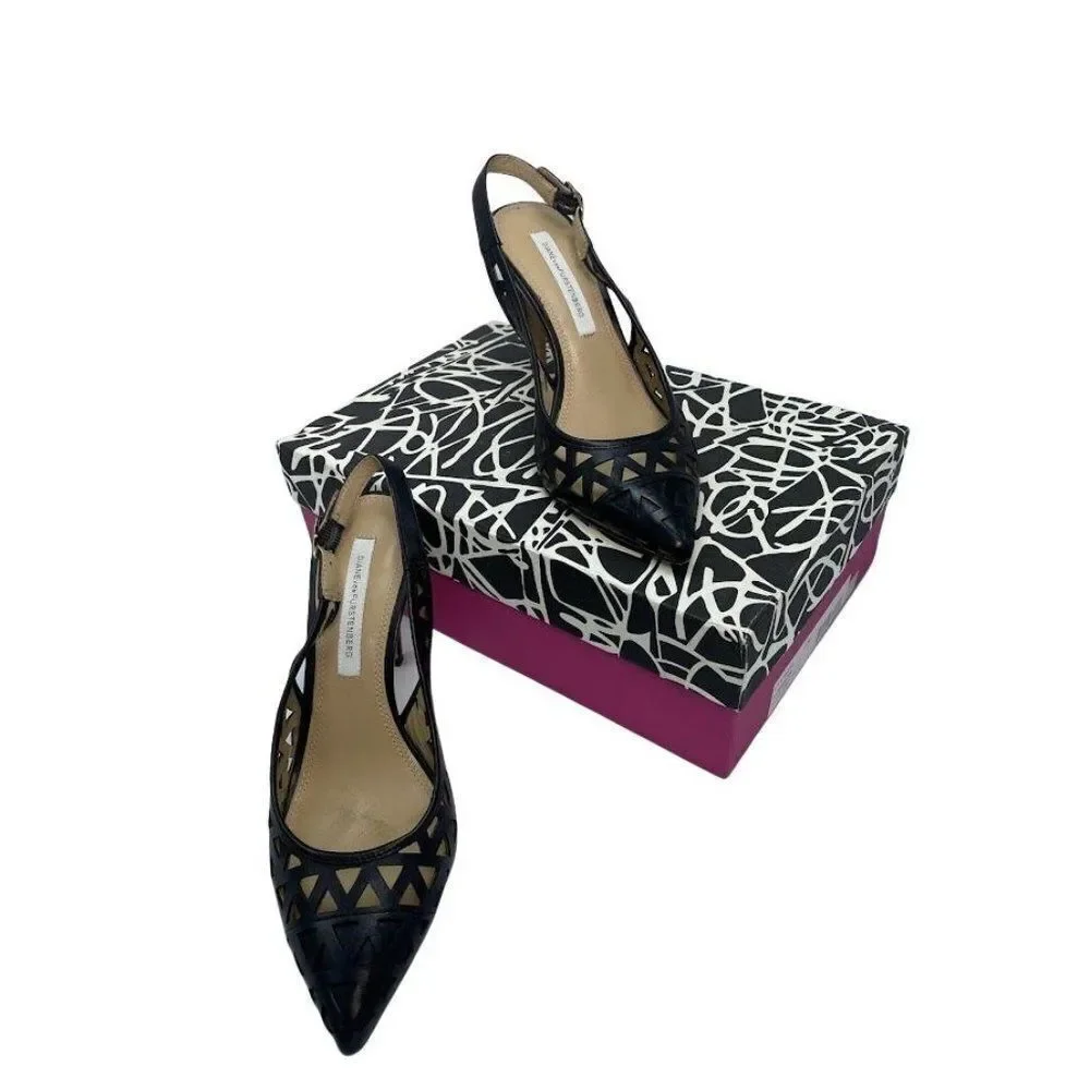 Diane von Furstenberg DVF Addison Black Leather Slingback‎ Heels Shoes Sz 7